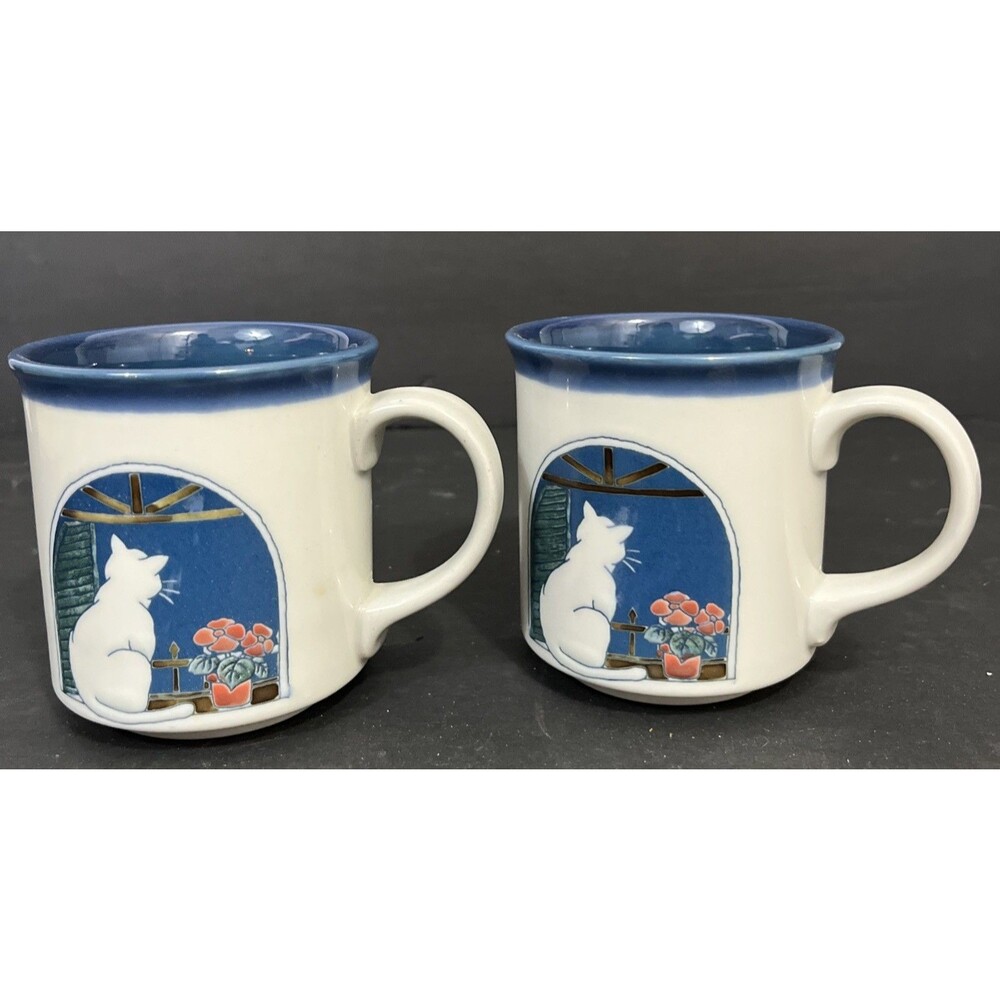 Otagiri Ceramic Cat in Window Coffee Mugs Set Of 2 New Condition Made In Japan